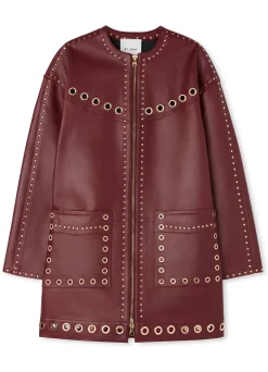 Discount St. John Embellished Doubleface Leather Coat Dark Cranberry