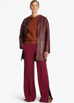 Discount St. John Embellished Doubleface Leather Coat Dark Cranberry