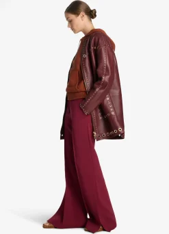 Discount St. John Embellished Doubleface Leather Coat Dark Cranberry
