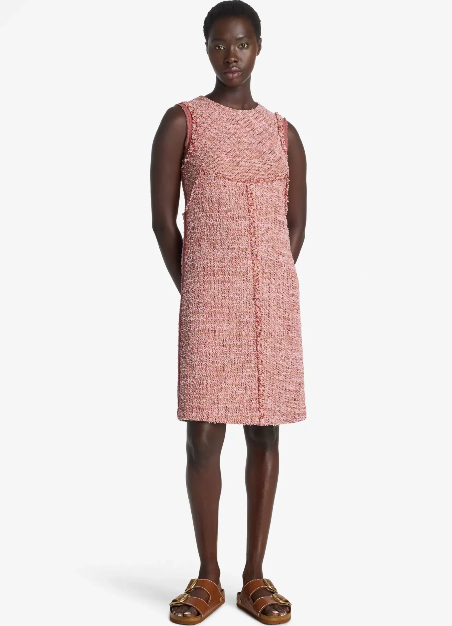 Clearance St. John Feather Weight Multicolor Eyelash Tweed Dress Petal Pink/Cranberry Multi