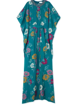 New St. John Floral Fil Coupé Kaftan Gown Bright Teal Multi