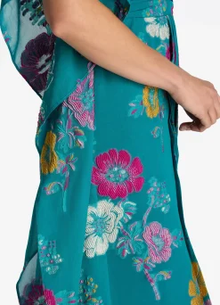 New St. John Floral Fil Coupé Kaftan Gown Bright Teal Multi