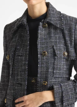 Clearance St. John Graphic Check Tweed Topper Navy/Moss/Ecru