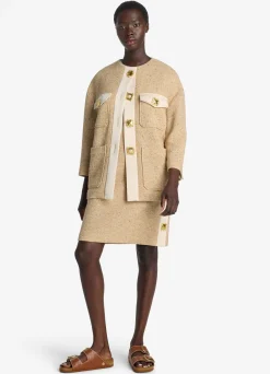 Sale St. John Italian Tweed Contrast Trim Long Jacket Light Sand