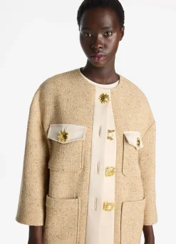 Sale St. John Italian Tweed Contrast Trim Long Jacket Light Sand