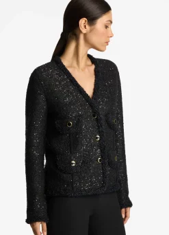 St. John Knitted Stretch Sequin Short Jacket Black