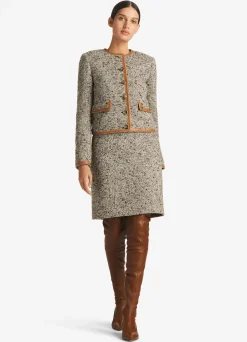 New St. John Leather Trim Multicolor Boucle Tweed Jacket Camel/Ecru Multi