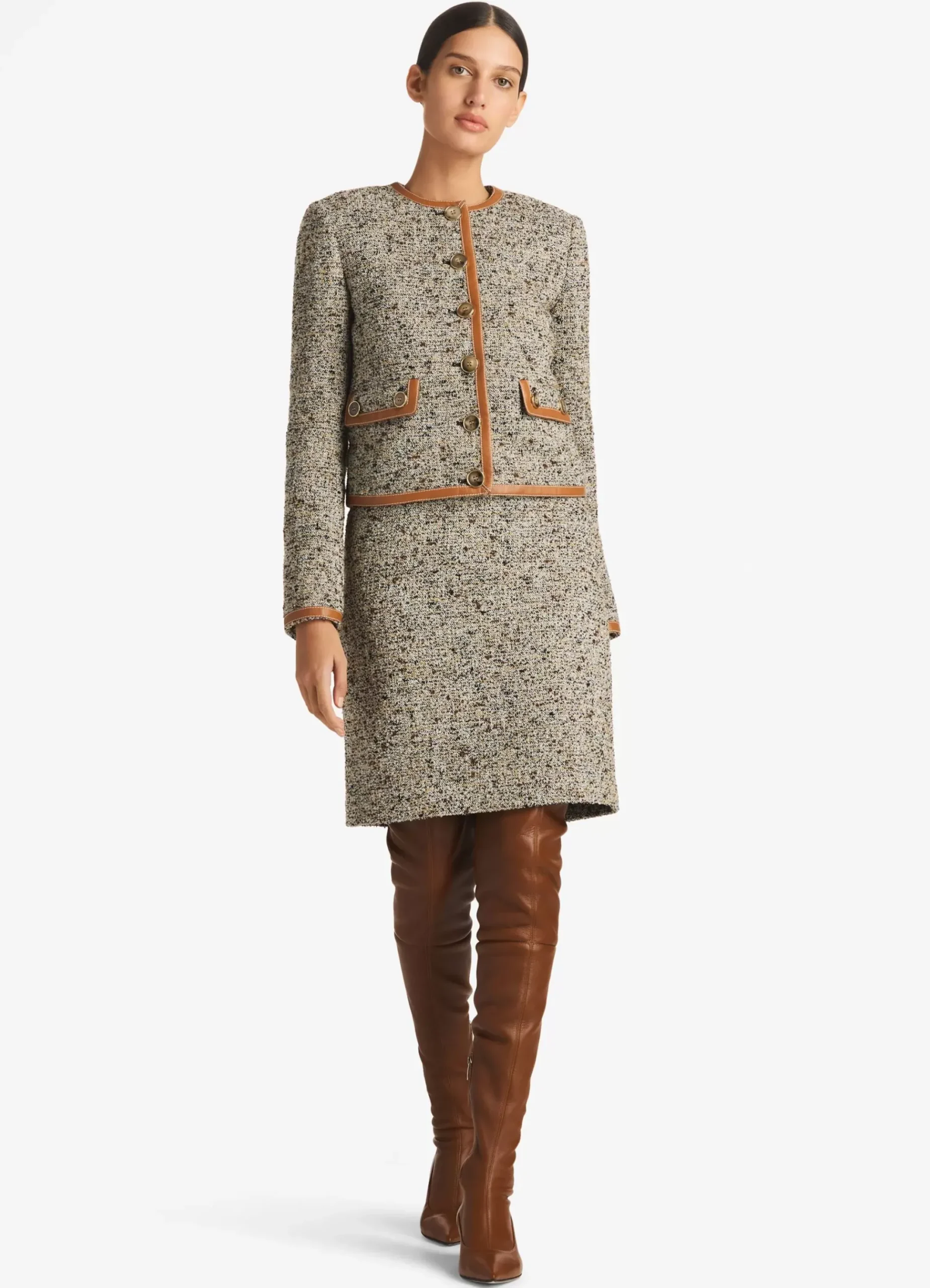 New St. John Leather Trim Multicolor Boucle Tweed Jacket Camel/Ecru Multi