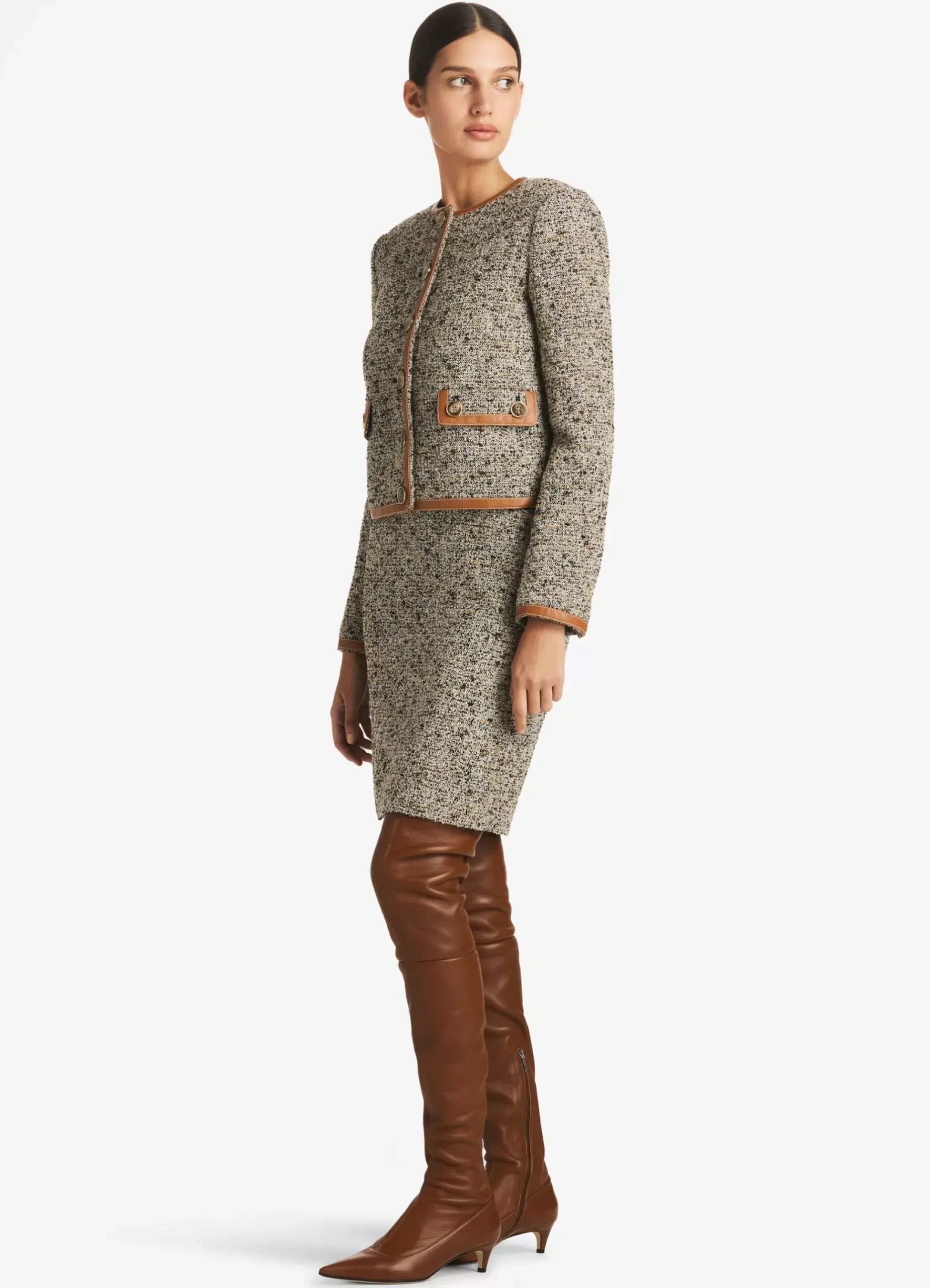 New St. John Leather Trim Multicolor Boucle Tweed Jacket Camel/Ecru Multi