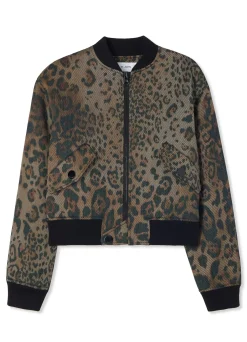 St. John Leopard Twill Bomber Jacket Black/Vicuna Multi