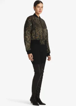 St. John Leopard Twill Bomber Jacket Black/Vicuna Multi