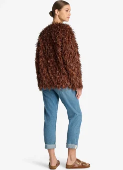 Hot St. John Metallic and Sequin Faux Fur Jacket Brick/Copper Multi