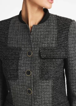 Best St. John Micro Pattern Tweed Patched Jacket Dark Heather Gray/Ecru/Black Multi