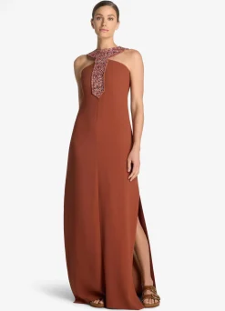 Outlet St. John Satin Back Crepe Embellished Collar Dress Brick/Cranberry Multi