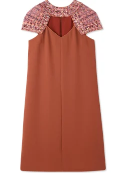 Online St. John Satin Back Crepe Embellished Collar Short Dress Brick/Cranberry Multi