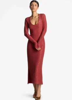 New St. John Sequin Knit V-Neck Dress Rose
