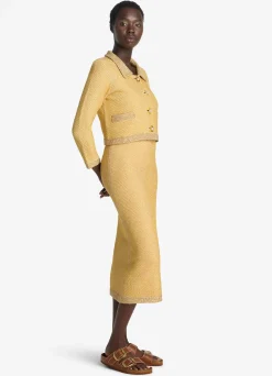 Hot St. John Sequin Stretch Twill Knit 3/4 Sleeve Jacket Golden Rod/Light Khaki Multi