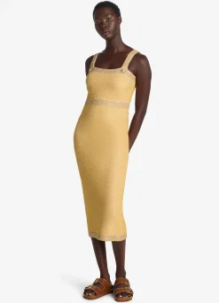 Hot St. John Sequin Stretch Twill Knit Strappy Dress Golden Rod/Light Khaki Multi