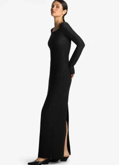 Discount St. John Sequin Twill Knit Square Neck Gown Black
