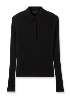 New St. John Silk and Wool Long Sleeve Polo Black
