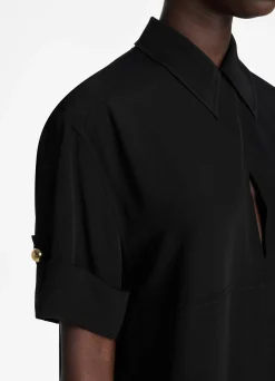 Clearance St. John Silk Crepe De Chine Keyhole Shirt Dress Black