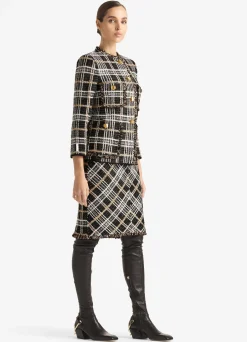 St. John Sparkle Eyelash Plaid Jacket Black/Ecru/Gold Multi