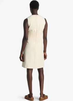 St. John Stretch Crepe Cinched Waist Dress Ecru