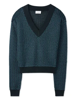 Clearance St. John Stretch Mesh Knit V-Neck Sweater Prussian Blue/Dark Teal Multi