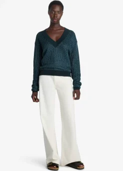 Clearance St. John Stretch Mesh Knit V-Neck Sweater Prussian Blue/Dark Teal Multi