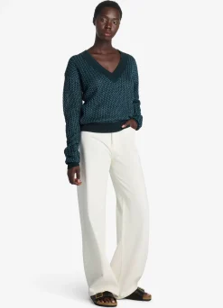 Clearance St. John Stretch Mesh Knit V-Neck Sweater Prussian Blue/Dark Teal Multi