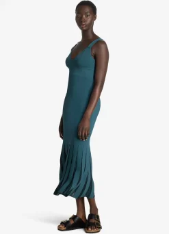 Best St. John Stretch Viscose Knit Dress with Sheer Pleats Prussian Blue