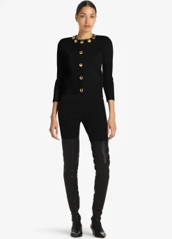 St. John Studded Pique Knit Cardigan Black