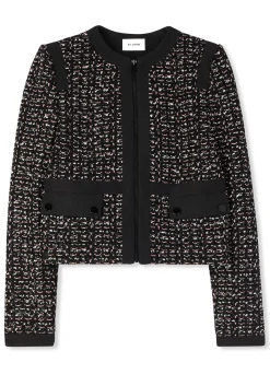 Discount St. John Textured Plaid Sequin Knit Jacket Black/Pink Multi